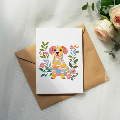 Watercolor painting of a colorful dog surrounded by flowers on a greeting card.