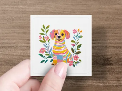 Illustration of a colorful striped dog surrounded by flowers and leaves.