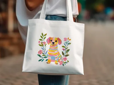 White tote bag featuring a colorful striped dog illustration with floral accents.