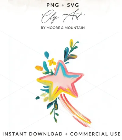 Pink star with colorful floral accents, instant download.