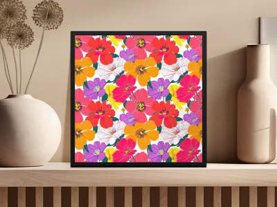 Preppy Red Orange 60's Floral Pattern, Seamless Pattern, Digital Background, Colorful Flowers Print, Digital Paper Pack, Fabric Design, Digital - Moore and Mountain