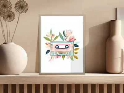Retro cassette tape with flowers in pastel colors on a framed print.