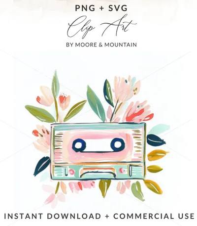 Pastel cassette tape with colorful floral accents and text.