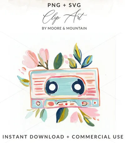 Watercolor cassette tape with floral accents, "PNG + SVG" and "BY Moore & Mountain" text.