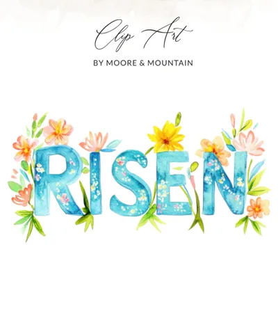 Preppy RISEN Watercolor Floral Clipart, Easter PNG Digital Download, Spring Christian Art, Commercial Use SVG, Vibrant Pastel Colors