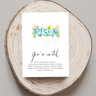 Card with "RISEN" text and "You're invited" invitation text.