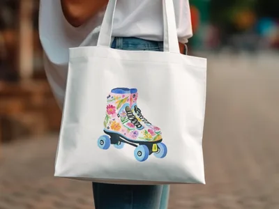 White tote bag featuring a colorful floral roller skate illustration.