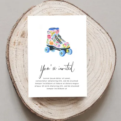 Roller skate invitation with floral details and placeholder text.
