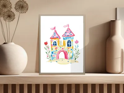 Watercolor painting of a colorful castle with flags and flowers.