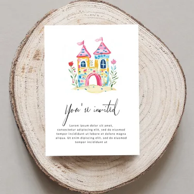 Watercolor castle invitation with "You're invited" text and placeholder copy.