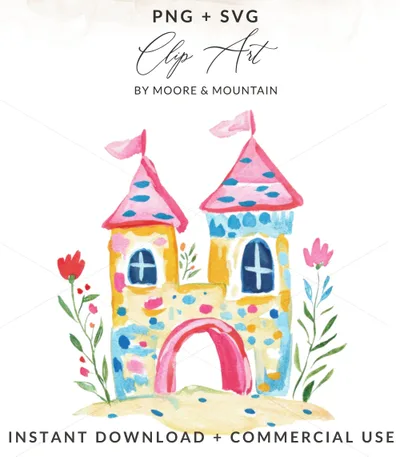 Watercolor castle with flowers, PNG + SVG, Instant Download, Commercial Use.