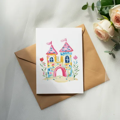 Watercolor illustration of a colorful cartoon castle with flags on a card.