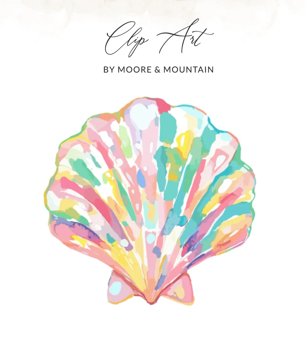 Watercolor seashell clip art with "Clip Art BY MOORE & MOUNTAIN" text.