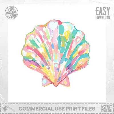 Watercolor seashell illustration with colorful abstract brushstrokes.