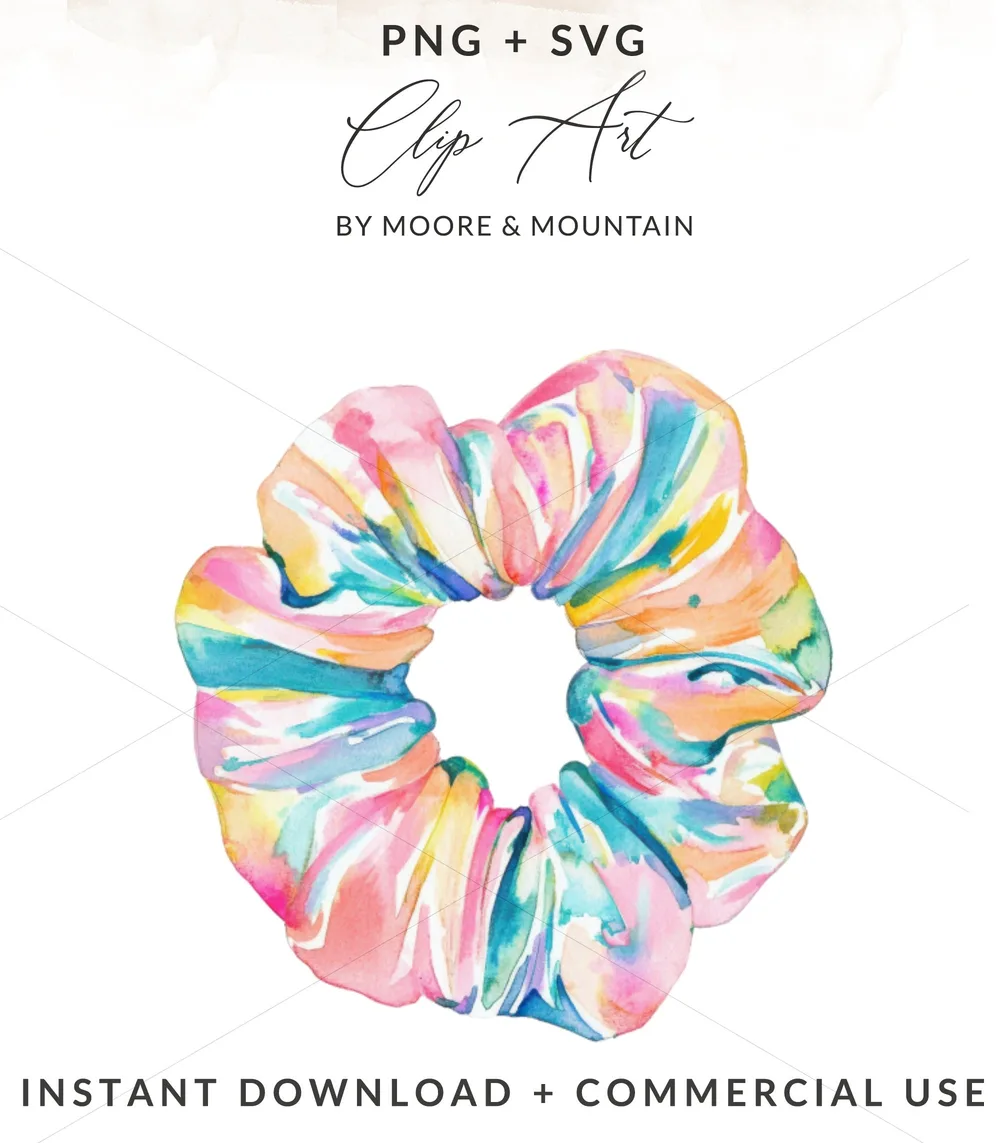 Colorful watercolor scrunchie with text overlay.
