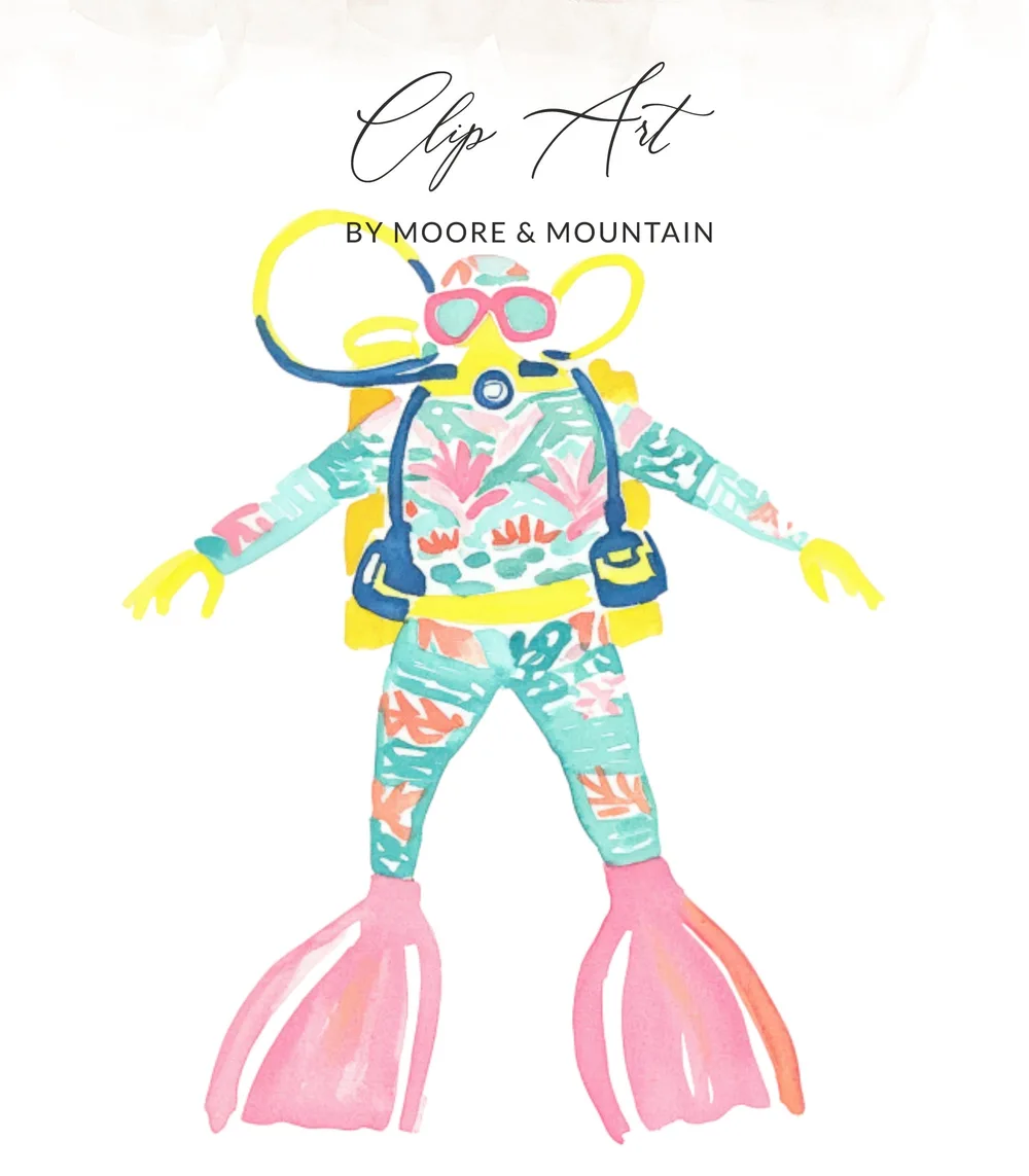 Scuba diver in colorful floral wetsuit with pink flippers and yellow mask.
