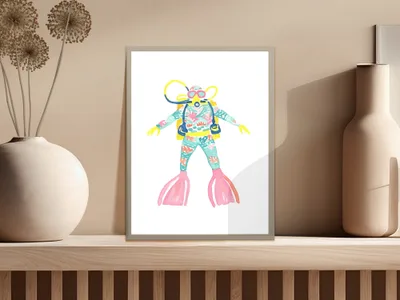 Diver in colorful floral wetsuit and pink fins, standing in frame.