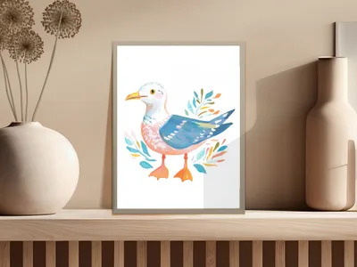 Watercolor illustration of a colorful seagull surrounded by foliage.