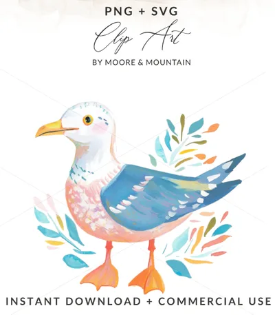 Watercolor seagull with coral and teal foliage, PNG + SVG, Instant Download.