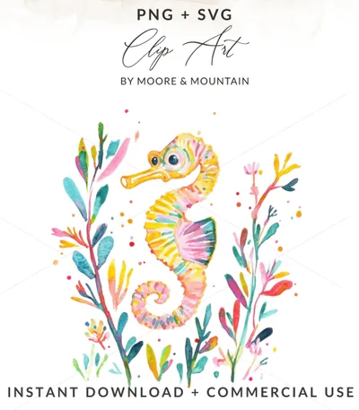 Preppy Seahorse Clipart, Watercolor Seahorse PNG, Cute Animal Art, Vibrant Pastel SVG, Colorful Sticker Design, Kawaii Ocean Graphic