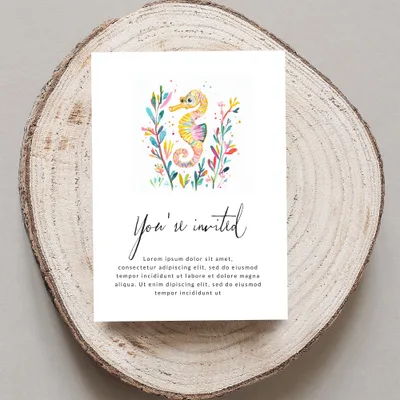 Seahorse invitation with "You're invited" text and placeholder copy.