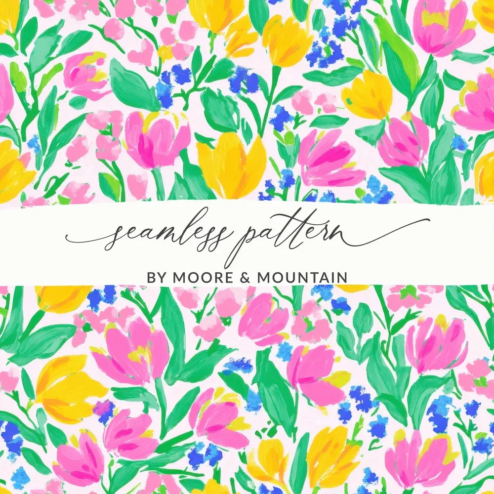 Preppy Seamless Pattern Bright Bold Tulips and Forget Me Nots Seamless Design Digital - Moore and Mountain