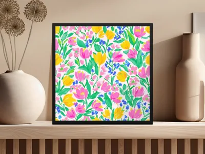 Preppy Seamless Pattern Bright Bold Tulips and Forget Me Nots Seamless Design Digital - Moore and Mountain