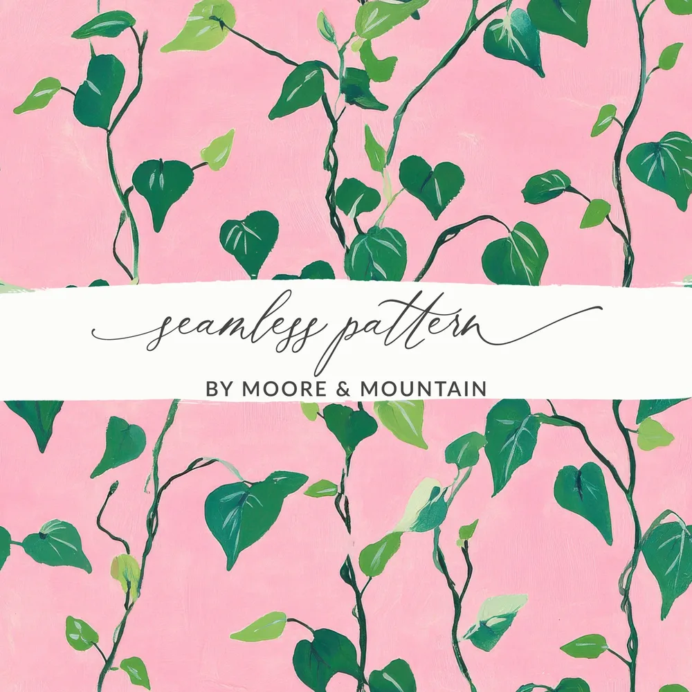 Seamless pattern of green vines on a pink background with "seamless pattern" and "by Moore & Mountain" text.