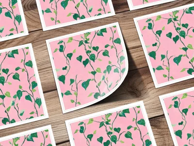 Pink background with green ivy vine pattern on multiple square cards.