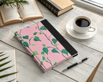 Pink journal with green vine pattern, pen, and coffee cup on a desk.