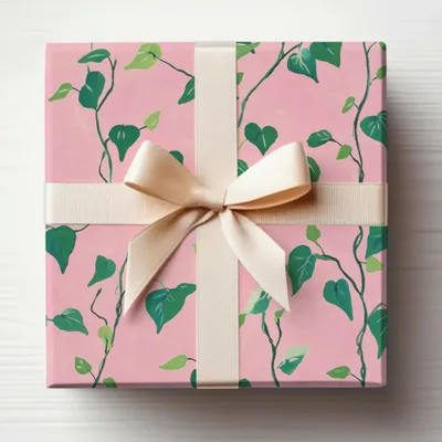 Pink gift box with green ivy pattern and cream ribbon bow.