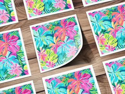 Colorful floral pattern on several square cards.