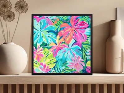 Framed artwork features a vibrant floral pattern with large, colorful leaves in pink, blue, and yellow.
