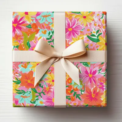 Colorful Floral Gift Wrap With Ivory Ribbon Design