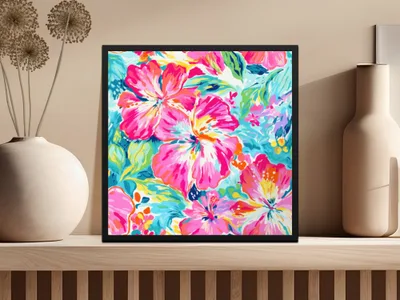 Framed colorful floral art print featuring pink and yellow hibiscus flowers.
