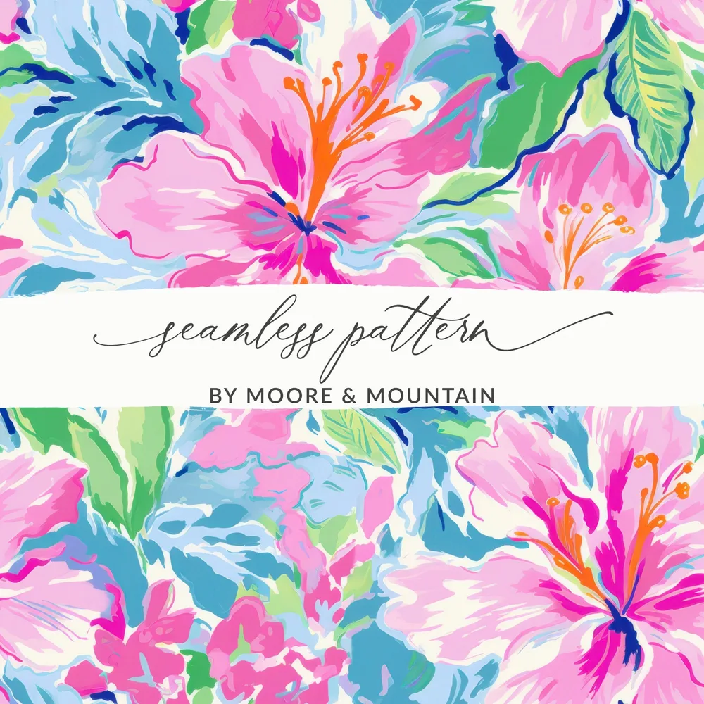 Floral seamless pattern with pink hibiscus flowers, by Moore & Mountain.