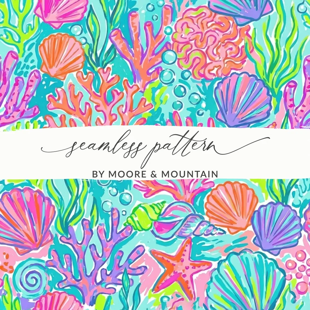 Seamless pattern with colorful seashells and coral on a light blue background.