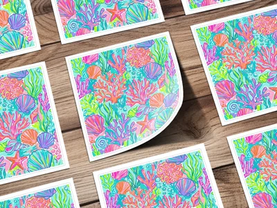Colorful ocean coral, shells, and starfish illustration on multiple square cards.
