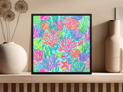 Colorful coral reef pattern with shells and seaweed on a framed artwork.