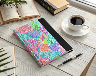 Colorful seashell and coral pattern on a hardcover journal with pen and coffee.