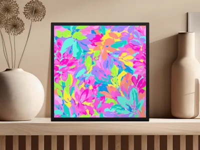 Framed artwork with a vibrant, colorful floral pattern in pink, blue, and green.