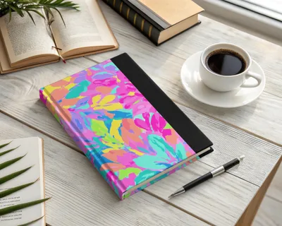Colorful floral notebook with pen and coffee cup on a desk.