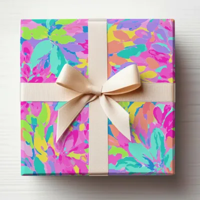 Gift box wrapped in colorful floral pattern with cream ribbon bow.