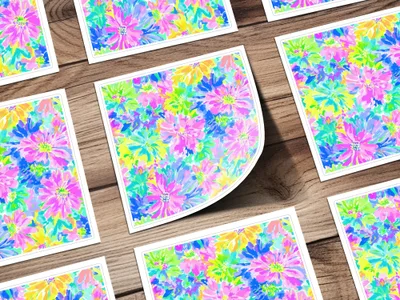Pattern of colorful floral illustrations on white cards.