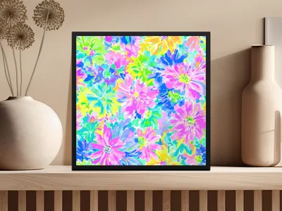 Bright floral pattern on framed art on a shelf with vases.