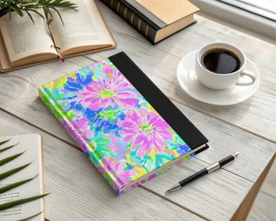 Floral notebook with a pen and coffee cup on a wooden desk.