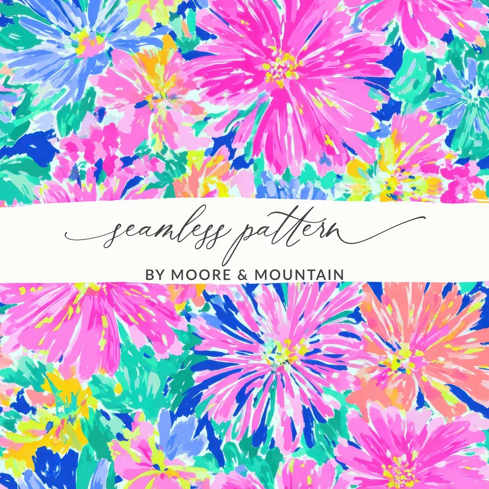 Seamless pattern with pink, blue, and green floral design by Moore & Mountain.