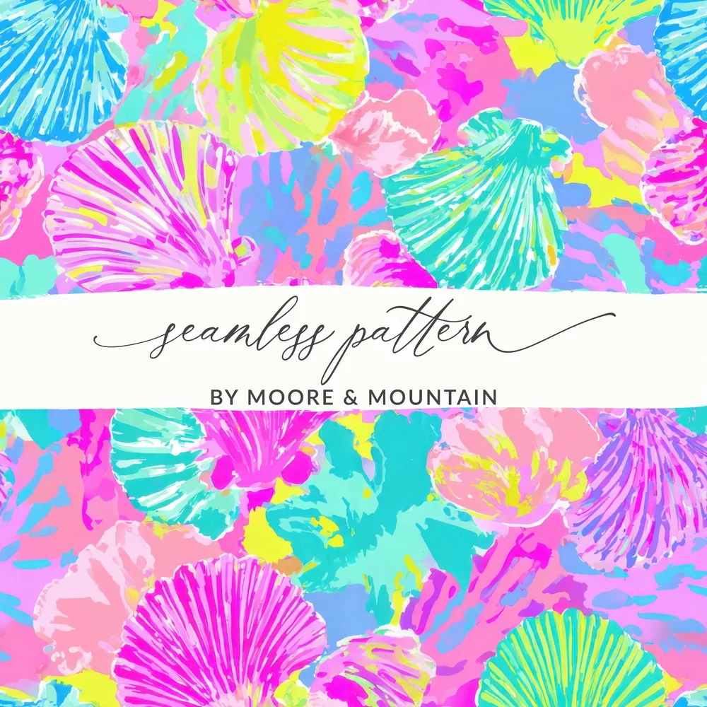 Seamless pattern of colorful seashells in pink, blue, yellow, and teal.
