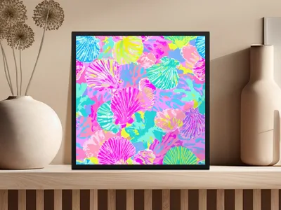 Colorful abstract pattern of seashells in pink, yellow, and teal.