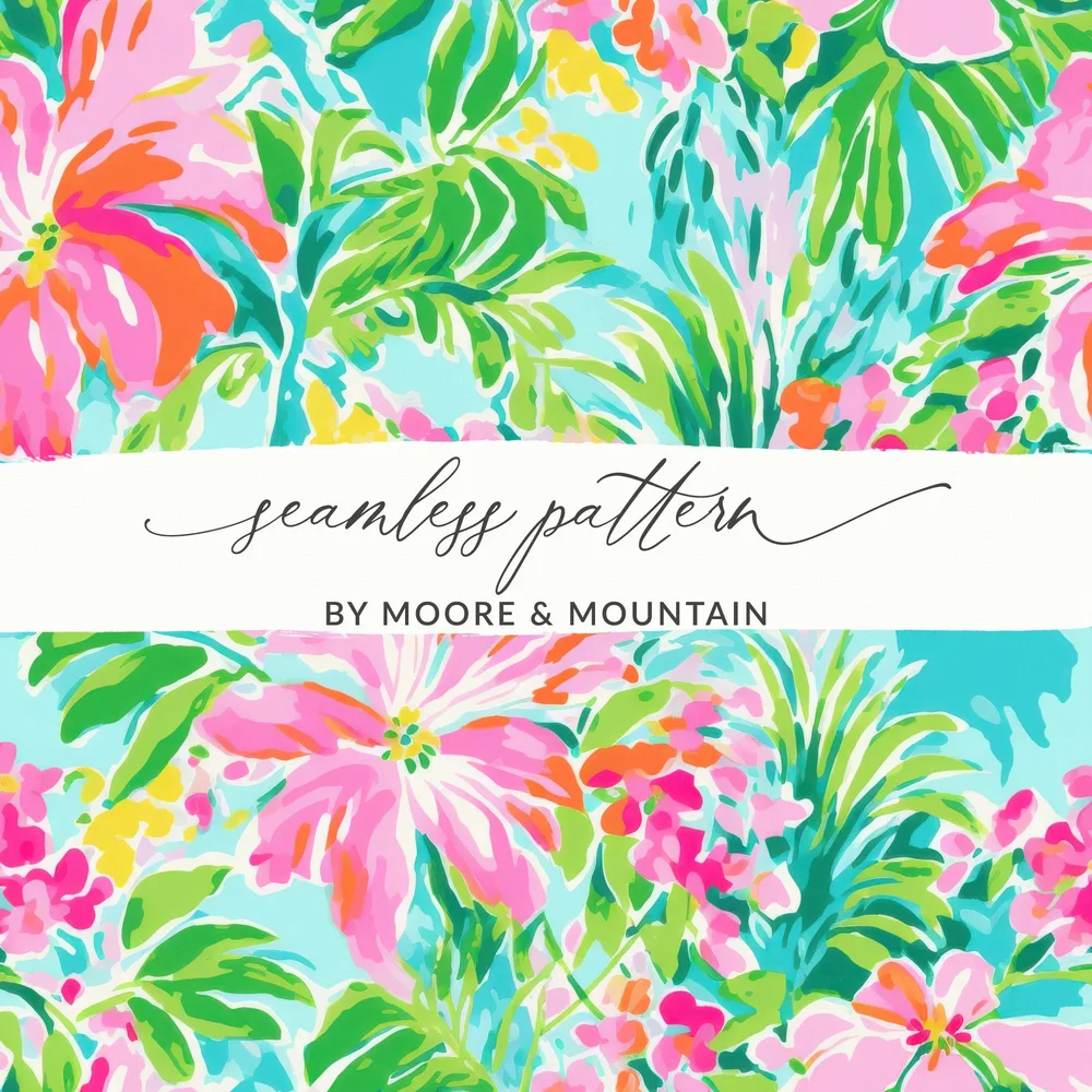 Seamless floral pattern with pink flowers and green leaves, by Moore & Mountain.